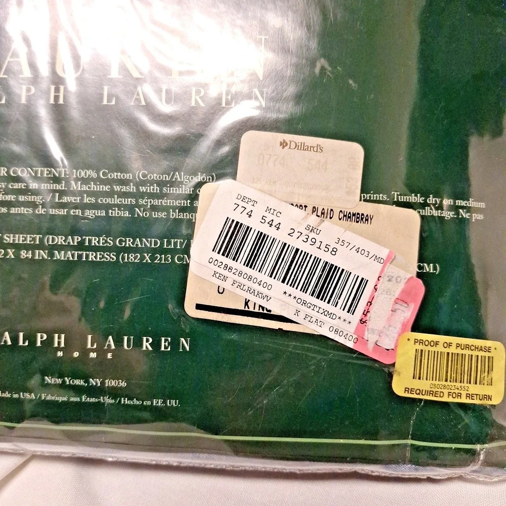 Vintage Ralph Lauren‎ KING Flat KENNEBUNKPORT Plaid Blue Chambray Sheet Rare New